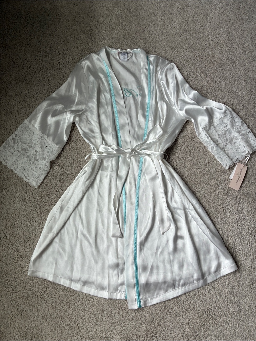 New Brides Silky “The Bride” White Lace-Trim Robe with Aqua Trim size L-XL